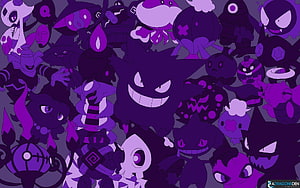 Gengar and the Complete Ghost Type Pokemon Team in Purple HD wallpaper