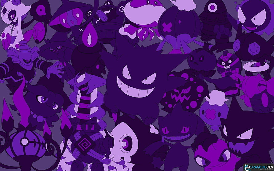 Gengar and the Complete Ghost Type Pokemon Team in Purple HD wallpaper
