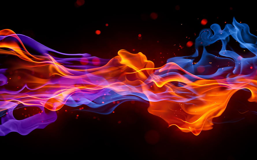 Vibrant Abstract Flame and Smoke Waves in Neon Purple, Orange, and Blue on Black Background HD wallpaper