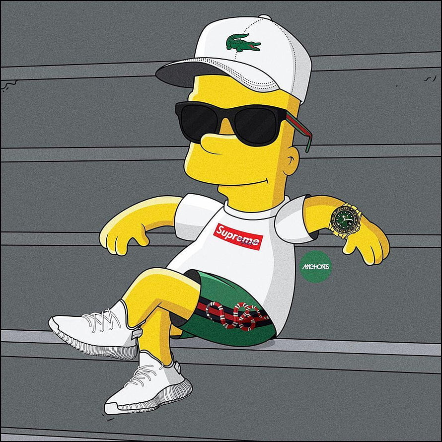 Bart Simpson in Supreme T-Shirt, Lacoste Cap, and Streetwear Sitting on Concrete Steps HD phone wallpaper