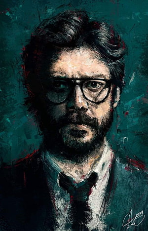The Professor from Money Heist in a moody digital portrait with glasses and beard HD phone wallpaper