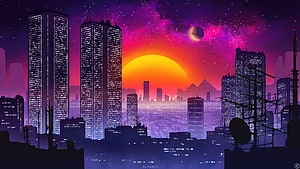 Neon Cityscape at Sunset with Giant Sun and Starry Sky HD wallpaper