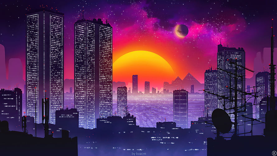 Neon Cityscape at Sunset with Giant Sun and Starry Sky HD wallpaper