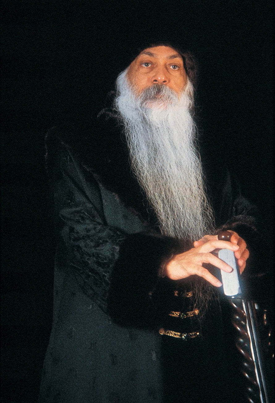 Osho Portrait in Dark Robes with Long White Beard and Ornate Cane HD phone wallpaper
