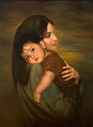 Oil Painting of Mother Holding Child in Green Headscarf HD phone wallpaper