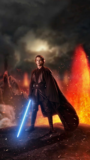 Anakin Skywalker Holding Blue Lightsaber Amidst Fiery Battlefield HD phone wallpaper