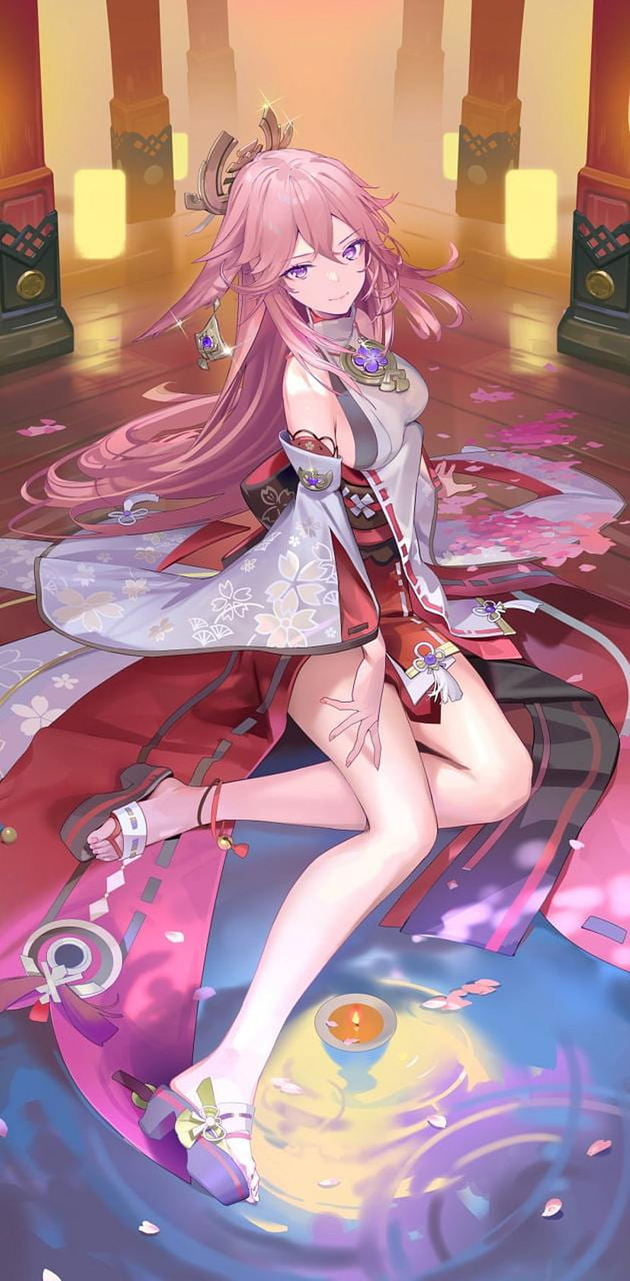 Yae Miko from Genshin Impact in a red and white kimono sitting on a patterned mat with a candle HD phone wallpaper