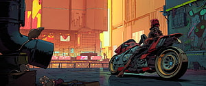 Cyberpunk Biker on Futuristic Motorcycle in Neon City Street HD wallpaper