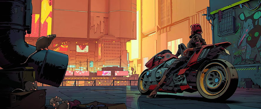Cyberpunk Biker on Futuristic Motorcycle in Neon City Street HD wallpaper