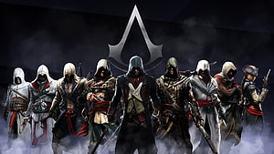 Assassin's Creed Legacy Lineup Featuring Ezio, Altaïr, and Connor in Dramatic Mist HD wallpaper