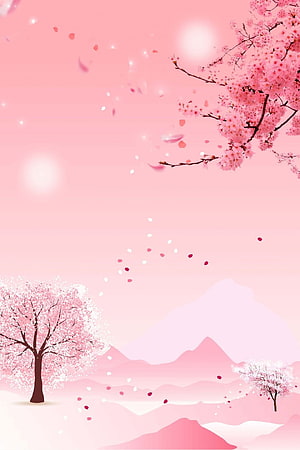 Dreamy Pink Cherry Blossom Landscape with Soft Mountains and Drifting Petals HD phone wallpaper