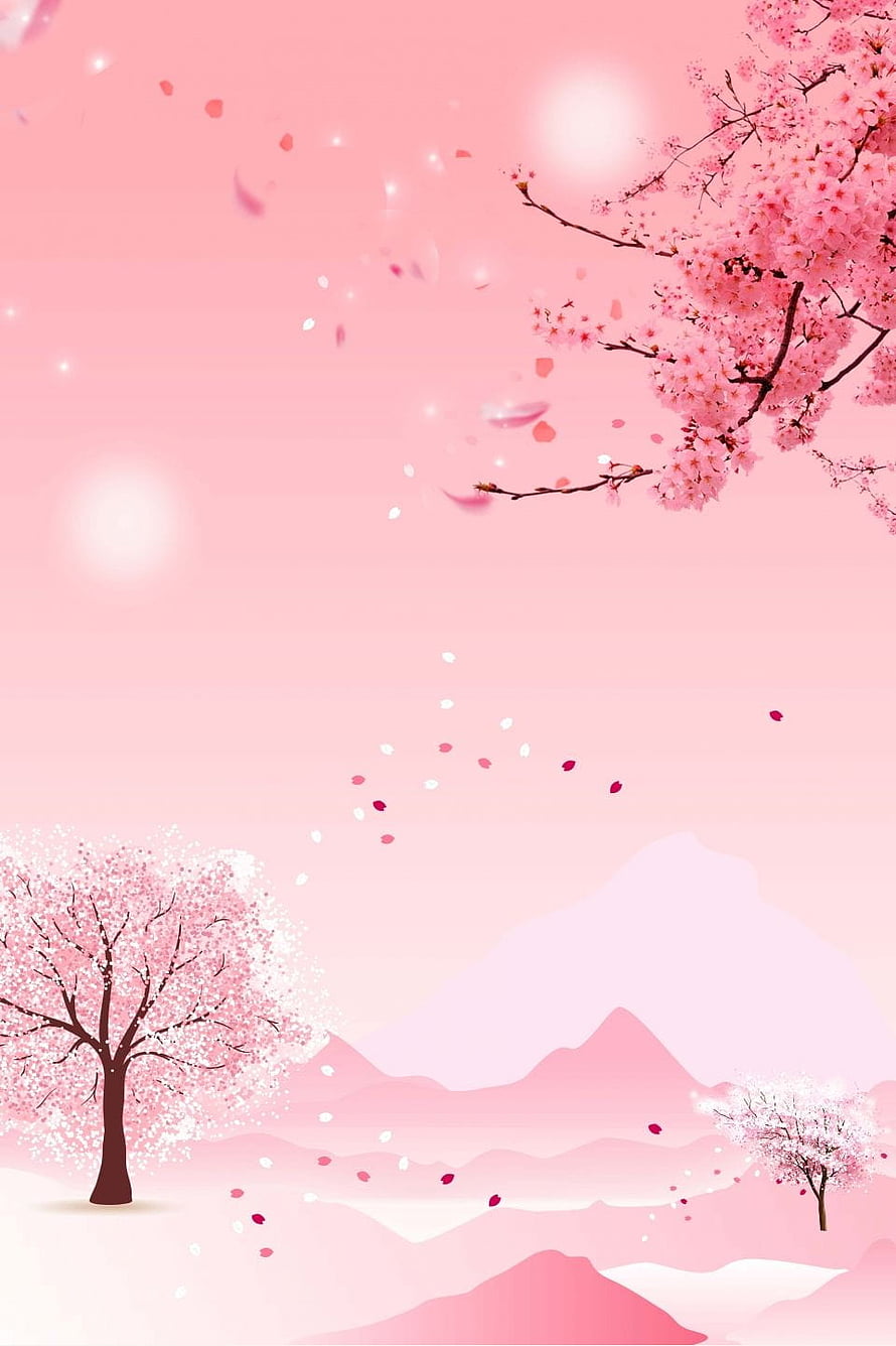 Dreamy Pink Cherry Blossom Landscape with Soft Mountains and Drifting Petals HD phone wallpaper