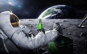 Astronaut Relaxing on the Moon with Carlsberg Beer and Earth in Background HD wallpaper