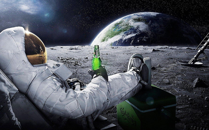 Astronaut Relaxing on the Moon with Carlsberg Beer and Earth in Background HD wallpaper