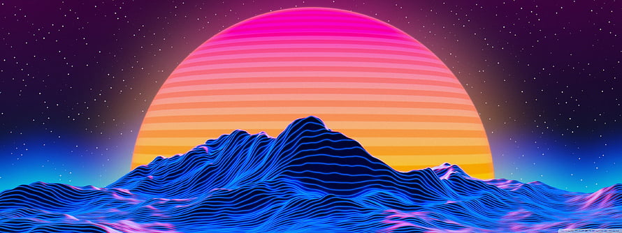 Retro Synthwave Sunset Over Neon Wireframe Mountains HD wallpaper
