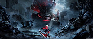 Dark Fantasy Anime Illustration of Warrior Confronting Giant Skull Demon in Ruined City HD wallpaper
