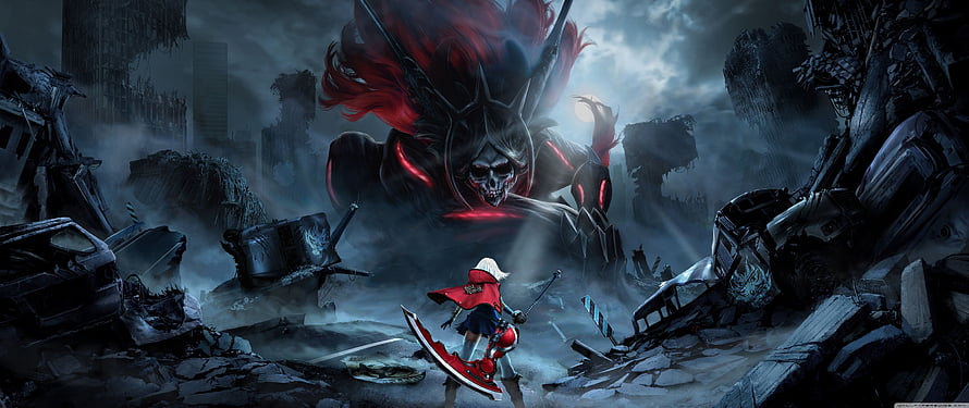 Dark Fantasy Anime Illustration of Warrior Confronting Giant Skull Demon in Ruined City HD wallpaper