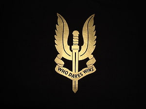 Golden SAS Who Dares Wins Emblem on Black Background HD wallpaper