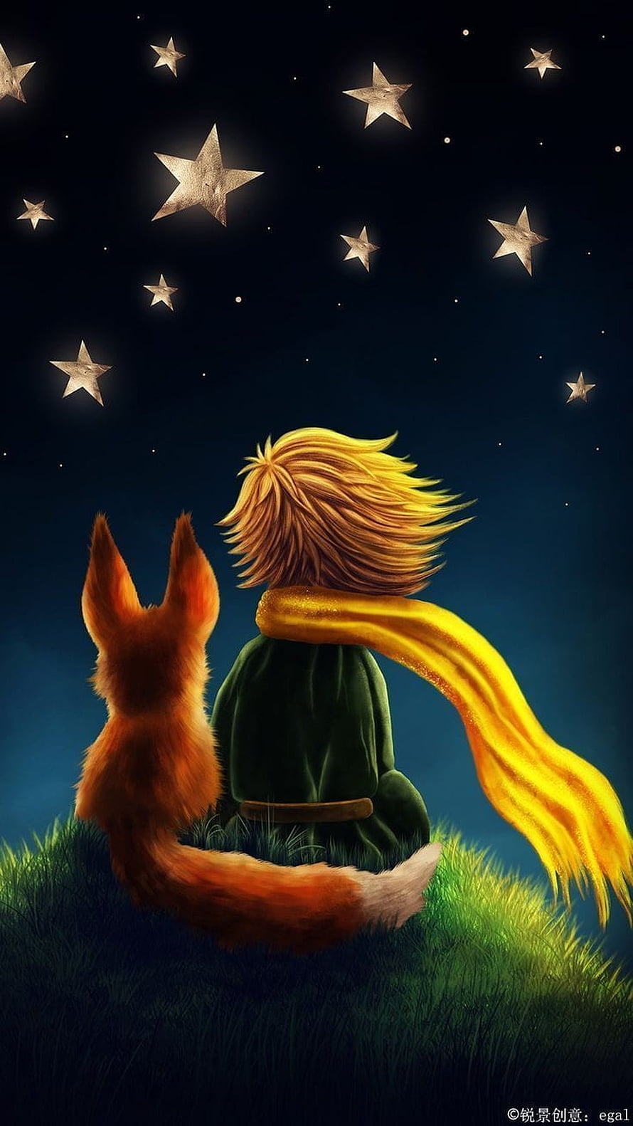 The Little Prince and the Fox Sitting on a Hill Under a Starry Night Sky HD phone wallpaper