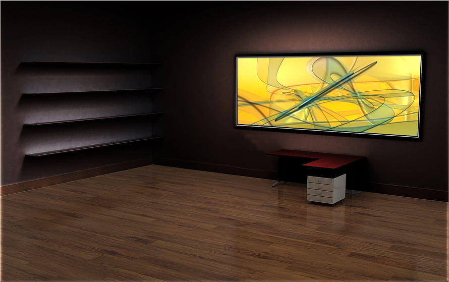 Modern Minimalist Office Interior With Wall Art And Floating Shelves HD wallpaper