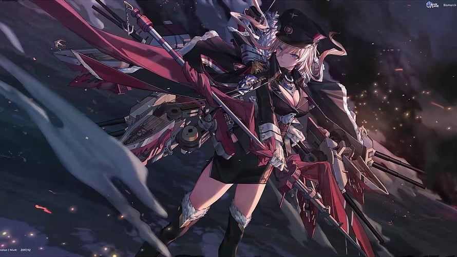 Bismarck from Azur Lane in a dramatic battle scene with naval weapons and a red cape HD wallpaper