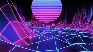Neon Wireframe Retro Synthwave Landscape With Glowing Grid and Striped Sun HD wallpaper