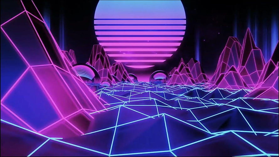Neon Wireframe Retro Synthwave Landscape With Glowing Grid and Striped Sun HD wallpaper