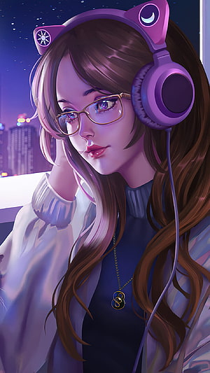 Anime Girl With Glasses And Cat Ear Headphones In Neon City Night HD phone wallpaper