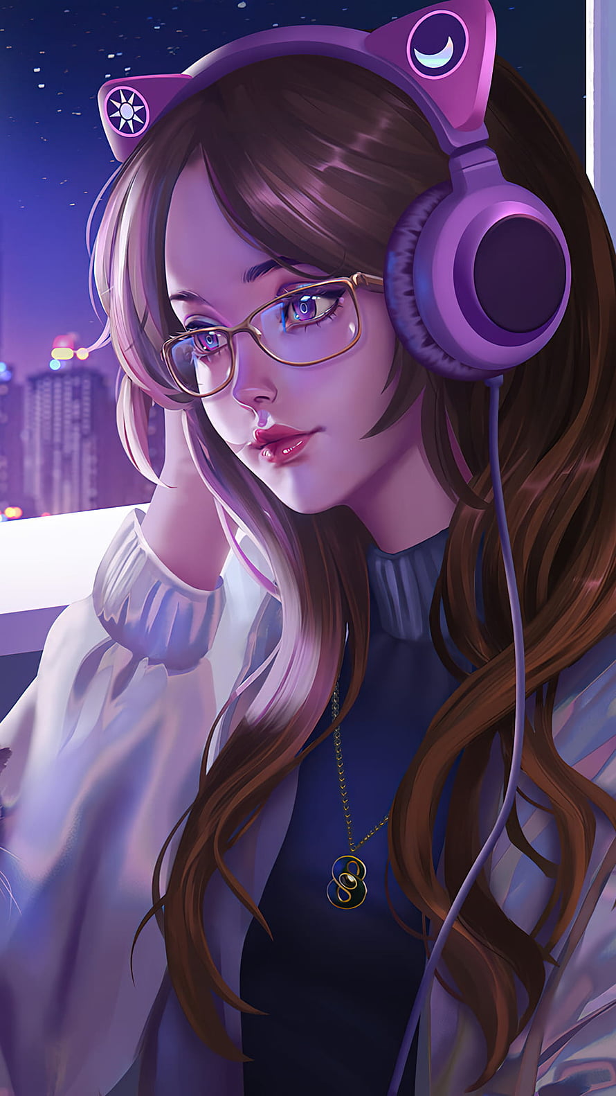 Anime Girl With Glasses And Cat Ear Headphones In Neon City Night HD phone wallpaper