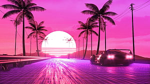 Neon Sunset Retro Wave Wallpaper With Palm Trees And Sports Car On Grid Road HD wallpaper
