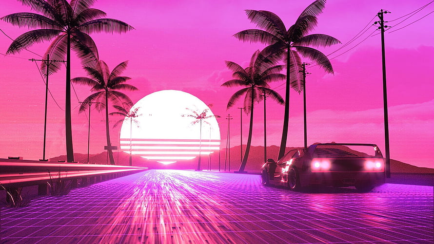 Neon Sunset Retro Wave Wallpaper With Palm Trees And Sports Car On Grid Road HD wallpaper