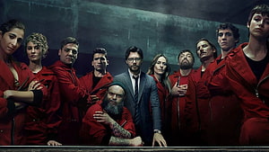Money Heist Cast in Red Jumpsuits and Grey Suit Against Dark Industrial Backdrop HD wallpaper