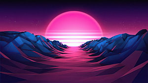 Retro Wave Synthwave Landscape With Neon Pink Sun And Low Poly Mountains HD wallpaper