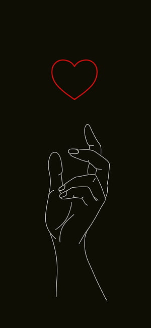Minimalist Line Art Hand Making Finger Heart Gesture With Red Heart Outline On Black Background HD phone wallpaper
