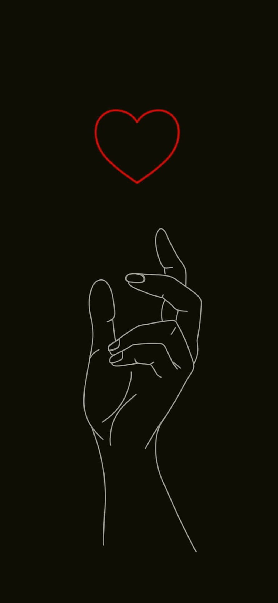 Minimalist Line Art Hand Making Finger Heart Gesture With Red Heart Outline On Black Background HD phone wallpaper