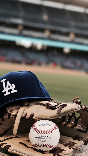 Los Angeles Dodgers Helmet, Rawlings Baseball, and Leather Glove at the Stadium HD phone wallpaper