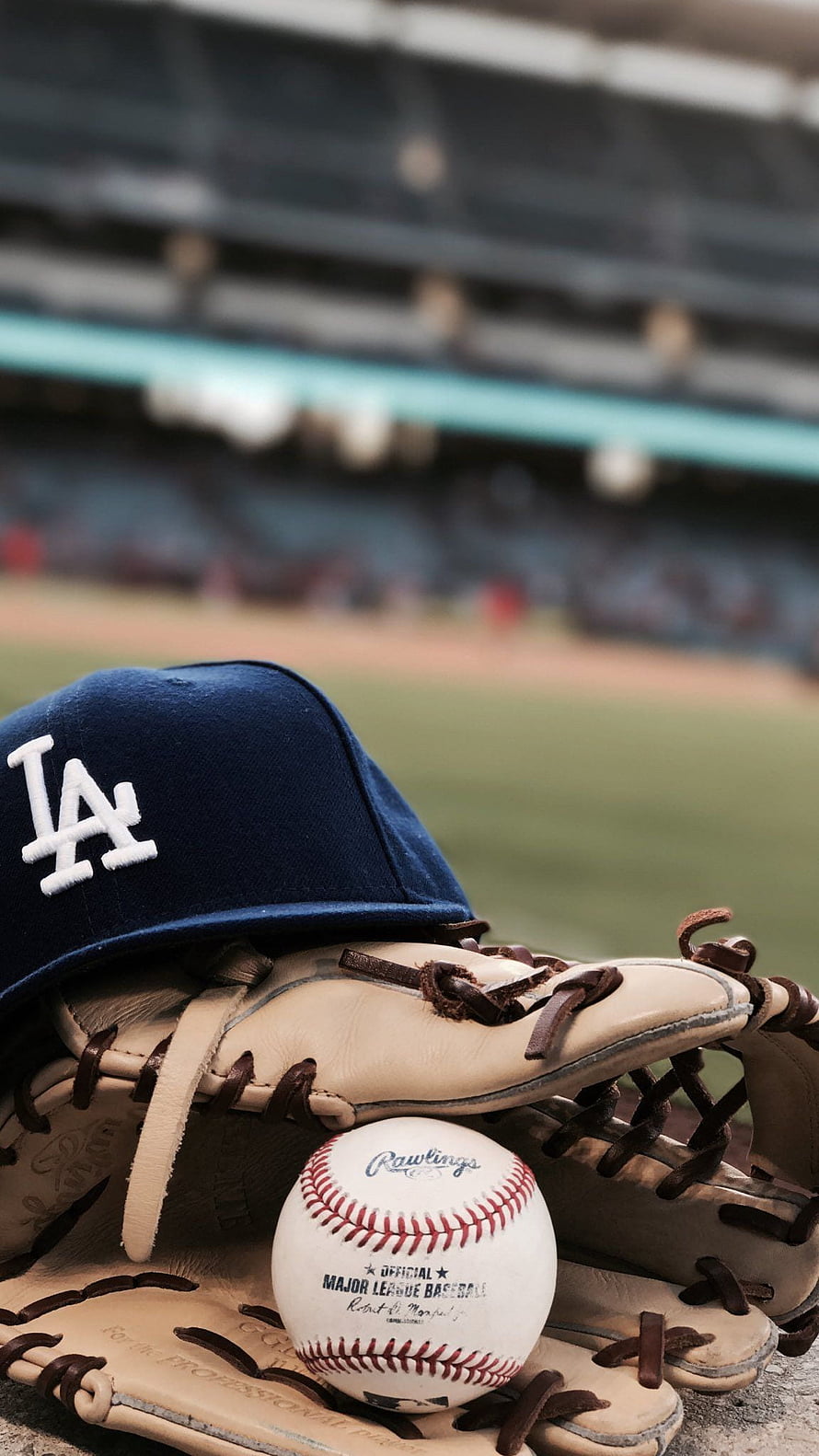Los Angeles Dodgers Helmet, Rawlings Baseball, and Leather Glove at the Stadium HD phone wallpaper