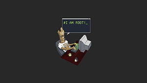 Groot at a Computer Terminal with Linux Penguin and Coffee Cup HD wallpaper