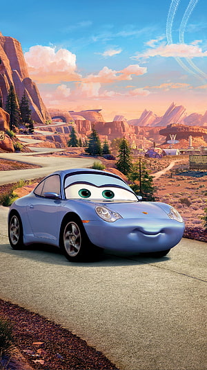 Sally Carrera from Cars driving on Route 66 in Radiator Springs desert landscape HD phone wallpaper