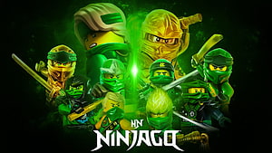 Lego Ninjago Team Group Portrait with Green Energy and Weapons HD wallpaper