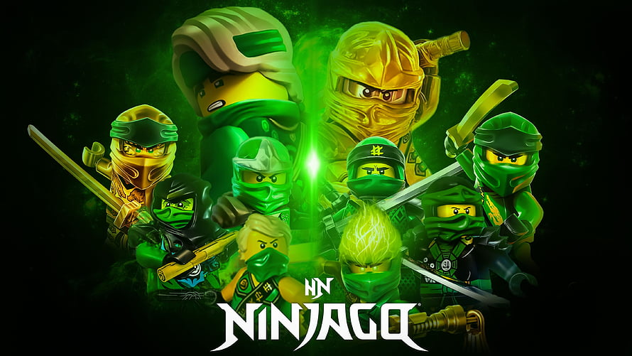 Lego Ninjago Team Group Portrait with Green Energy and Weapons HD wallpaper