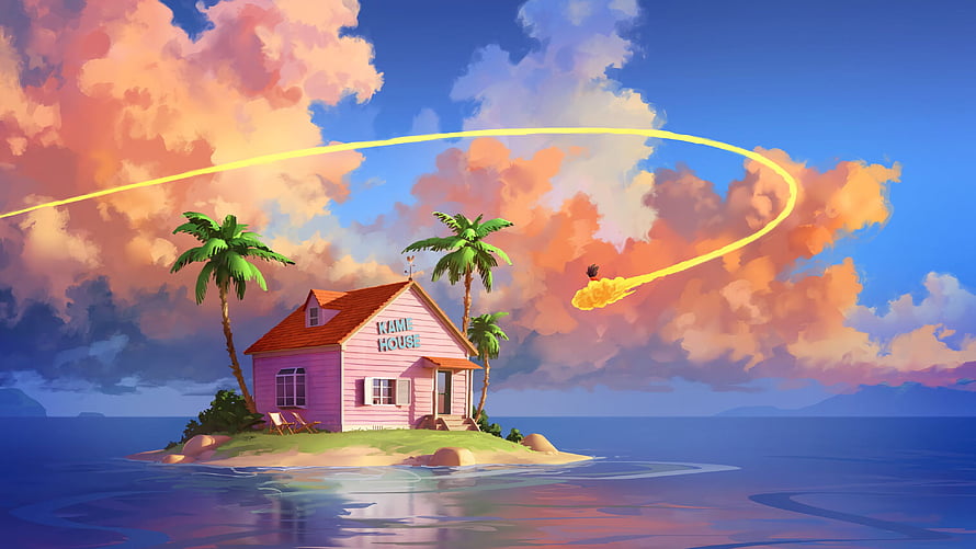 Kame House on a Tropical Island with a Meteor Streaking Across a Vibrant Sunset Sky HD wallpaper
