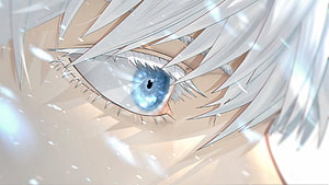 Close-up of a striking blue anime eye with white hair and sparkling light effects HD wallpaper