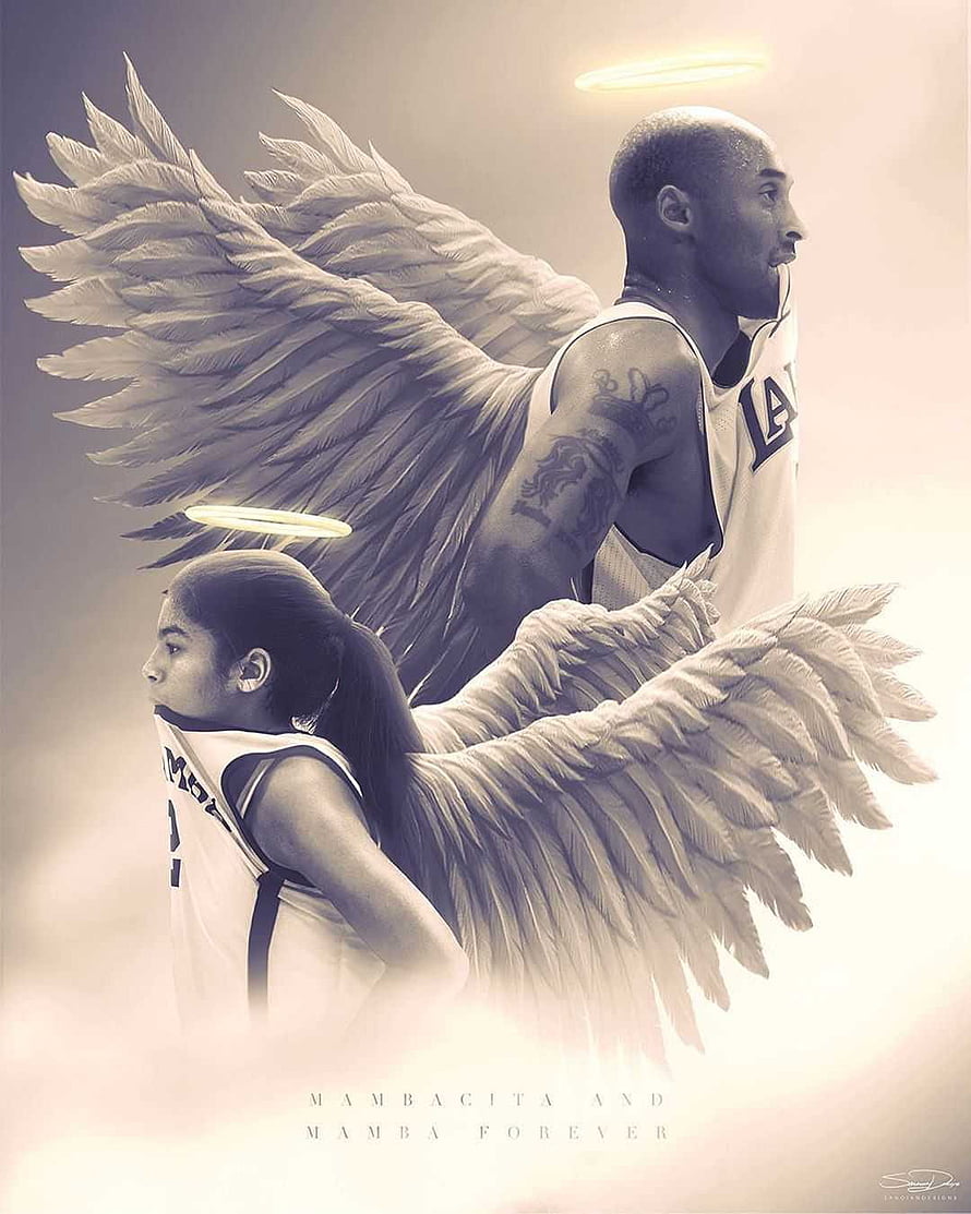 Kobe Bryant and Gigi Bryant as Angels with Wings and Halos in Sepia Toned Tribute HD phone wallpaper