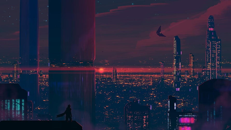 Silhouette of a lone figure overlooking a sprawling futuristic cyberpunk cityscape at sunset with neon lights HD wallpaper