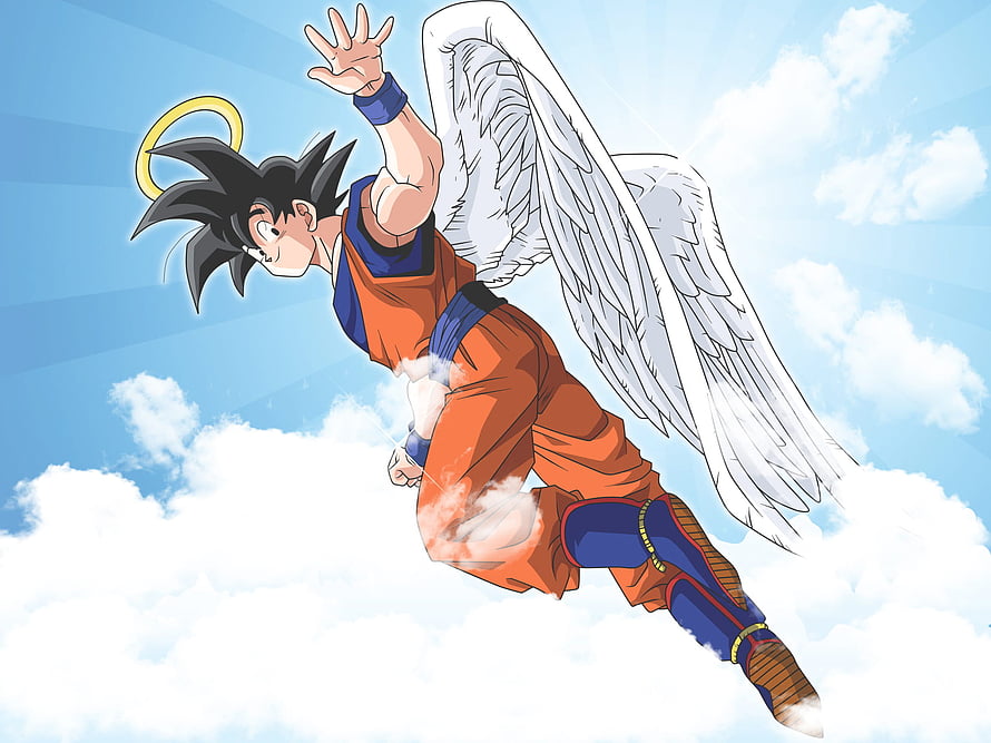 Goku Angel Form Flying Through Clouds With White Wings And Halo HD wallpaper