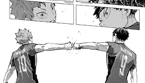 Haikyuu Manga Panel: Hinata and Kageyama Fist Bump in Black and White HD wallpaper