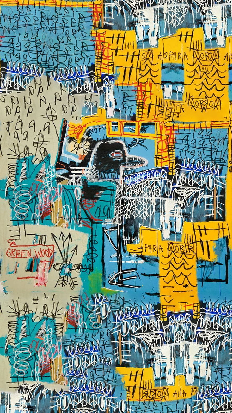 Jean-Michel Basquiat Abstract Expressionist Painting with Crow and Graffiti Text HD phone wallpaper