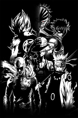Black and White Anime Characters Group Illustration HD phone wallpaper
