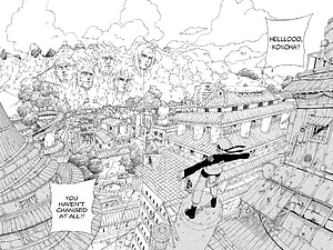Naruto Uzumaki Returns to Konoha Village with Hokage Monument in Background HD wallpaper